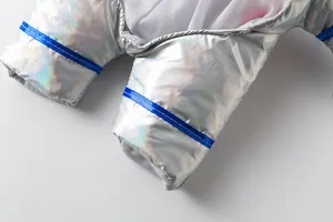 Detail of silver metallic iridescent pet astronaut suit with blue ribbon trim detail.