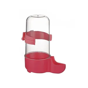 Automatic bird waterer and feeder for bird cages with pink base and clear reservoir