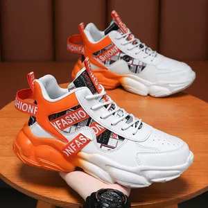 Men's thick-soled high-top basketball sneakers with waterproof leather in white and orange