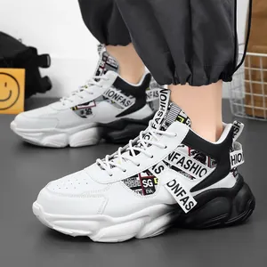 Stylish men's chunky platform basketball sneakers in black and white waterproof leather