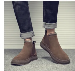 Retro men's brown suede Chelsea boots with thick soles and slip-on design for work