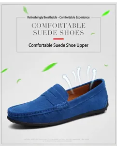 Gros plan sur un mocassin en daim bleu pour homme avec matériau supérieur respirant