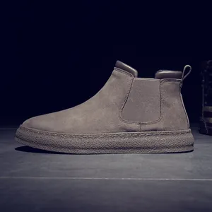 Premium men's retro grey suede high-top Chelsea boots featuring durable thick soles