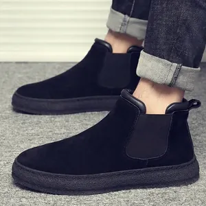 Black suede Chelsea boots with thick soles and warm fleece lining for men