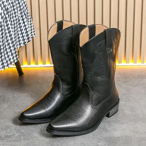 Men's black western cowboy boots with embroidery, pointed toe and wooden block heel