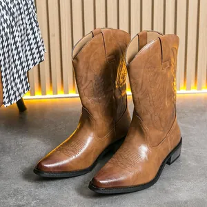 Men Vintage Western Cowboy Boots Cattle Hide Pointed Toe Printed Mid-Calf Knight Boots With Wood Stacked Heel Retro Slip-on Boots