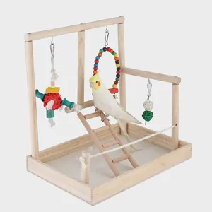 Solid wood parrot play stand gym featuring a ladder and various colorful bird toys