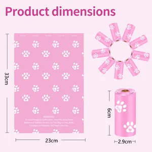 Pink biodegradable dog poop bags dimensions: 33x23cm bag and 6x2.9cm roll size