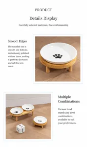 Détail du bol en céramique de 6 pouces pour animaux avec support en bambou et motif de patte