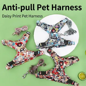 Daisy Floral Print Dog Harness And Leash Set Reflective Adjustable Breathable Nylon Pet Vest For Small Medium Dogs Walking