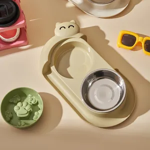 Cute cat-shaped double pet bowl set with stainless steel insert and slow feeder.