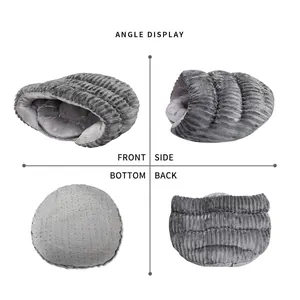 Detailed multi-angle views of a soft grey enclosed slipper-shaped plush cat bed