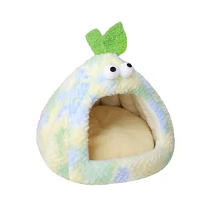 Semi-enclosed pear-shaped plush pet bed with colorful tie-dye pattern for cats and dogs