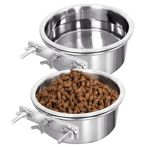 Durable stainless steel hanging pet bowls for dog cages with secure wing nut mounting