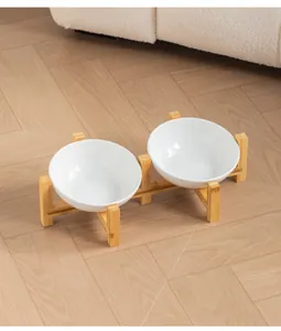 Detailed view of the double slanted ceramic pet bowls with bamboo stand for neck protection