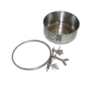Durable stainless steel parrot feeder bowl with secure cage mounting bracket.