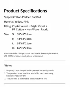 Detailed product specifications and size chart for the striped cotton-filled pet sofa bed.
