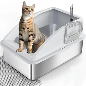 Semi-enclosed large stainless steel cat litter box with metal scoop and anti-splash rim