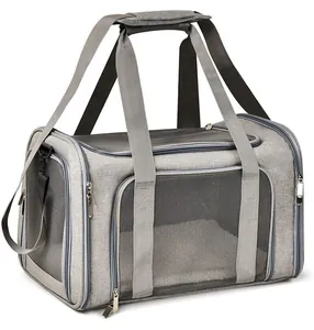 Grey breathable mesh pet carrier for cats and dogs, portable and foldable travel bag