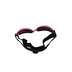 Foldable pink dog sunglasses with black adjustable strap and protective soft padding