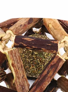 Macro detail view of natural sun-dried catnip and silver vine molar toy for cats