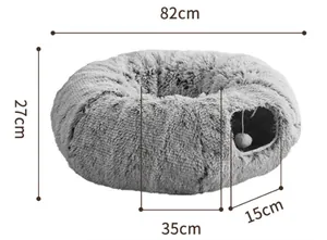 Gedetailleerde afmetingen van een grijs pluche tunnel kattenbed, 82 cm diameter en 27 cm hoog.