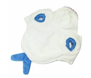 Detailed flat-lay view of plush shark pet costume with soft white fleece and blue tail