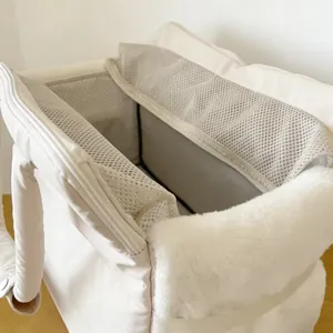 Detail view of white portable pet carrier bag with breathable mesh and faux fur trim