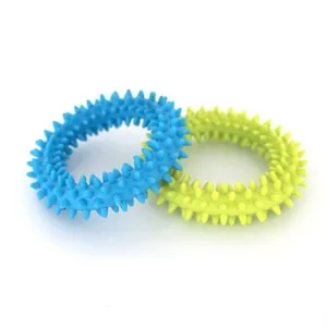 Two colorful TPR spiked rings for puppy teething and dental cleaning