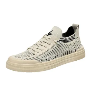 Stylish breathable beige flyknit low-top casual sneakers for men with lace-up closure