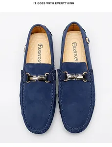 Top view of classic blue suede men's loafers featuring an elegant metal buckle detail
