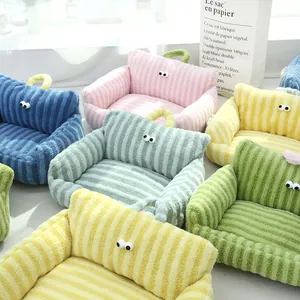 Cozy striped sofa-shaped pet beds with big eyes design for cats and dogs in macaron colors