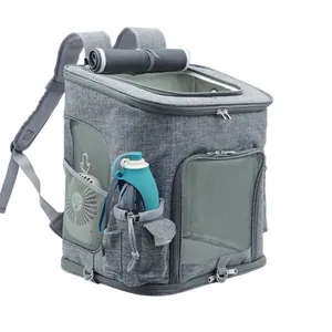 Close-up detail of grey pet carrier backpack showing mesh ventilation and side pockets