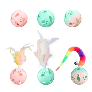 Premium macaron colored plastic cat toy balls with detachable feathers and bells set