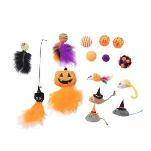 Complete Halloween cat toy set featuring plush mice pumpkins and colorful feather teasers