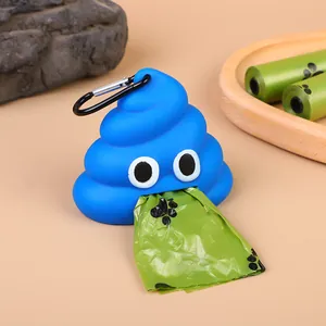 Blue poop-shaped pet waste bag dispenser with metal carabiner clip and green dog waste bag