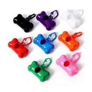 Portable bone-shaped pet waste bag dispensers available in multiple vibrant colors.