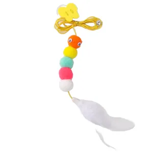 Adjustable hanging door cat toy with colorful felt caterpillar and white feather tail