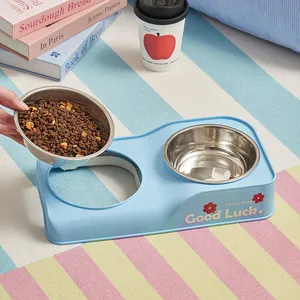 Modern stainless steel double pet bowl set with elevated blue stand for cats and dogs