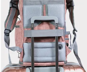 Detailansicht eines Haustierrucksacks mit Gepäckgurt an einem Koffergriff