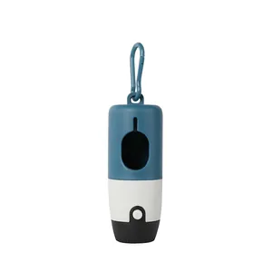 Portable pet poop bag dispenser with built-in LED light and blue carabiner clip.