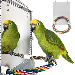Parrot Bird Toy Mirror with Colorful Cotton Rope Perch Braided Chewing Stand for Small Medium Parakeet Cockatiel Cage Accessories
