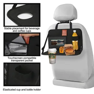 Detailed view of car seat back organizer featuring foldable tray and transparent phone pocket