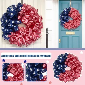Independence Day wreath door hanging with red white blue stars and stripes for holiday decor.