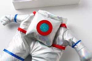 Close-up detail of silver iridescent pet astronaut suit with shiny metallic fabric.