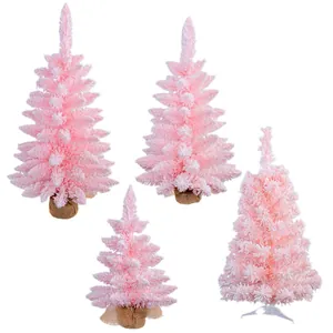 Vierer-Set beflockte rosa Weihnachtsbäume mit Schneeeffekt für die festliche Deko