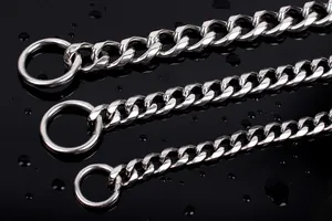 Macro detail of stainless steel P-chain dog collars in three thicknesses