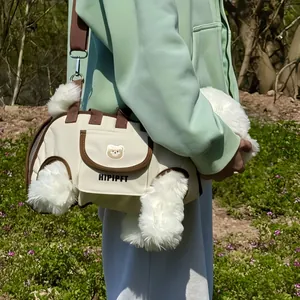 Portable pet carrier bag for small dogs shown in an outdoor park setting