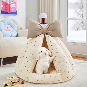 Semi-Enclosed Small Pet Sleeping Nest Soft PP Cotton Warm Indoor House For Rabbits Guinea Pigs Hamsters Cute Bow Cartoon Print Pet Bed