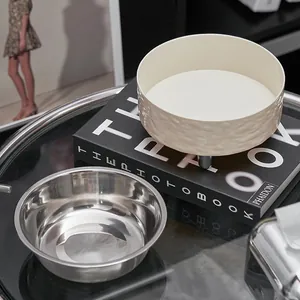 Modern elevated stainless steel pet bowl set with wide mouth for neck protection